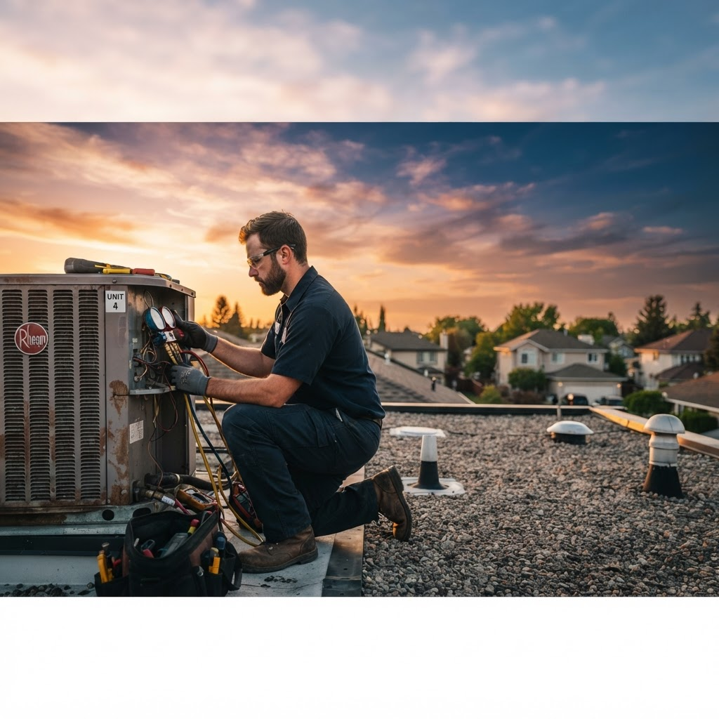 HVAC technician servicing a rooftop condenser unit at sunset