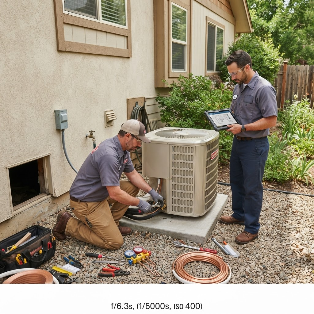 HVAC technicians installing a new outdoor condenser unit