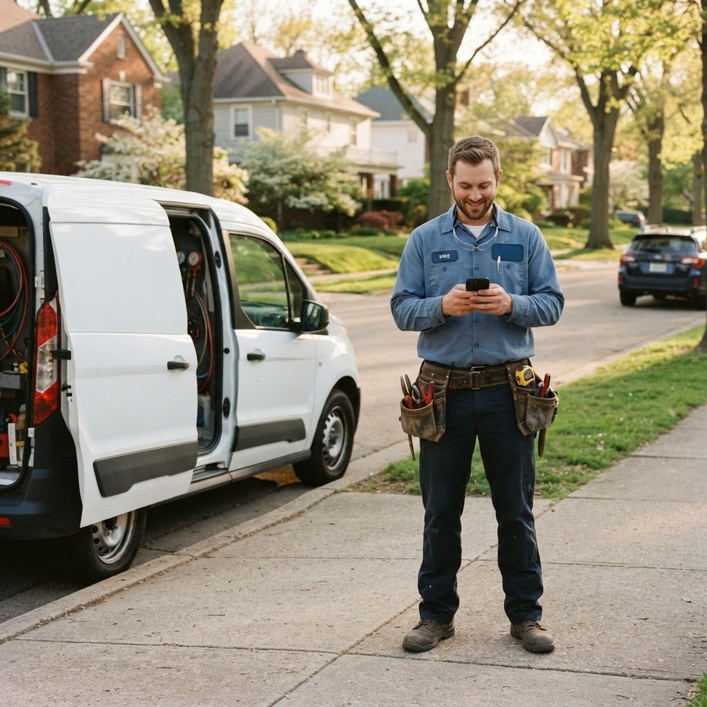 HVAC technician checking his phone next to his work van